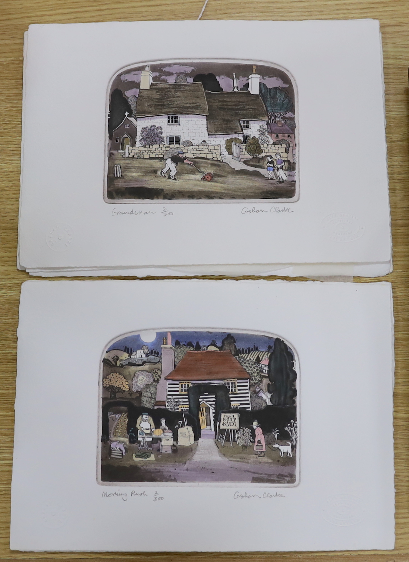Graham Clarke (b.1941) set of eight colour etchings, including 'Morning Rush', 'Mother Hen' and 'Groundsman', each signed in pencil, with blindstamps and limited edition of 300, 33 x 23cm, unframed